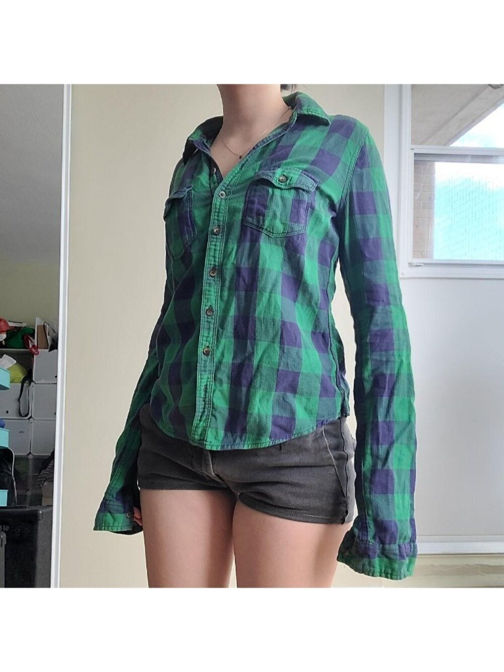 Abercrombie &amp; Fitch Preppy Grunge Cotton Plaid Logo Embroidery Shirt (S)